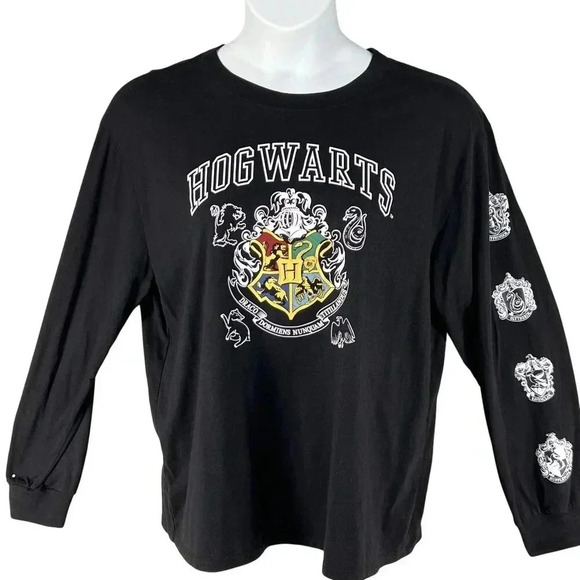 Harry Potter Hogwarts 2X Long Sleeve Blk Shirt Wizarding World Crest Logo Witchy - Picture 5 of 13